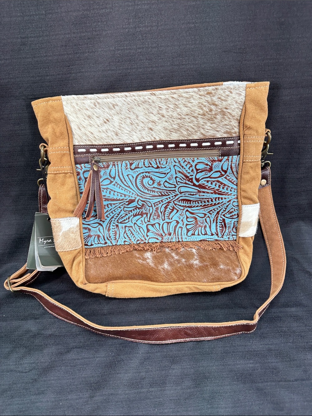 Myra Peridot Large Leather Cowhide Hairon Crossbody Shoulder Bag Purse
